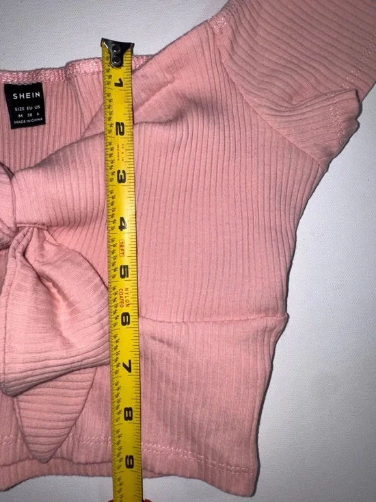 SHEIN Rose Pink Off-Shoulder Tie-Front Ribbed Crop Top - Picture 4 of 4